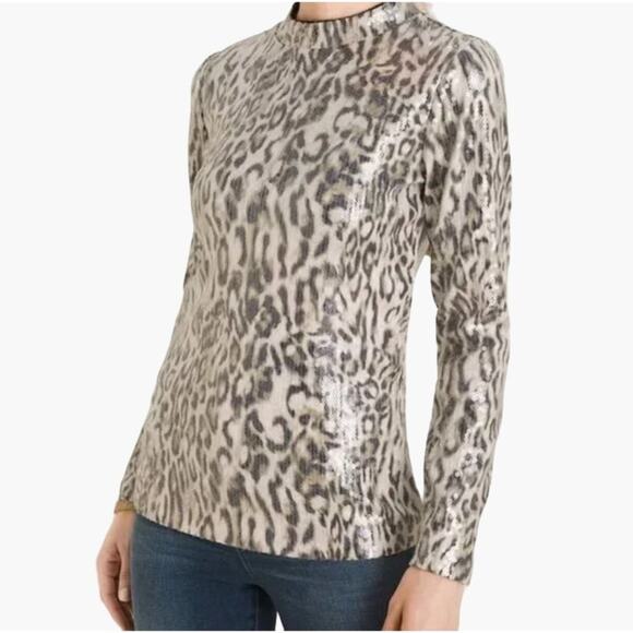 Chico's Cheetah Print Sequin Mock Long Sleeve Sparkle Top Women's Size Small Chi - Picture 1 of 7